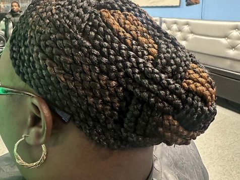 A close-up of an intricately styled braided hairstyle featuring dark and light brown tones, set in a chic updo.