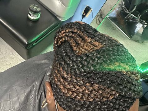 Close-up of intricately braided hair with brown and black strands, viewed from above, in a stylish salon setting.