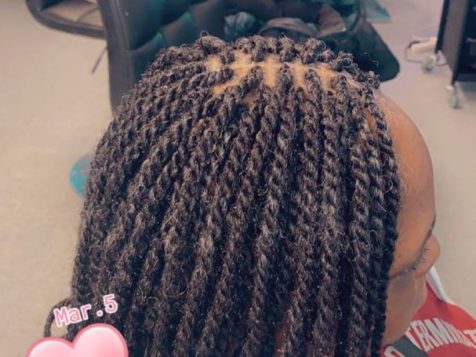 A close-up of a person's braided hair styled in twists, showcasing texture and length in a brightly colored hair salon setting.
