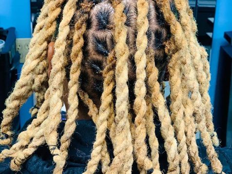 A close-up of braided hair with twisted sections, showcasing a blend of dark and blonde colors in a stylish, textured pattern.