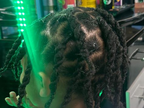 A child with twisted black hair sits with their back to the camera, surrounded by hair products and salon decor.
