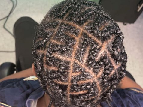 A top-down view of a person’s head with intricately styled, tightly braided hair, featuring geometric parting designs.